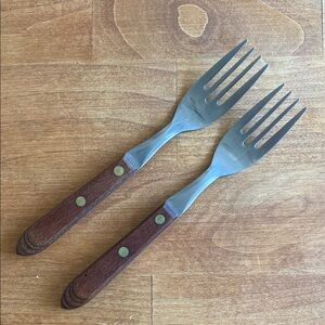 Vtg MCM Mid Century Town & Country Wooden Handle Salad Dessert Forks Flatware